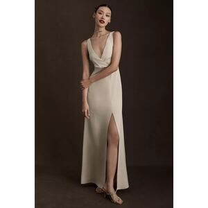 ANTHROPOLOGIE BHLDN Piper Champagne V-Neck Side Slit Satin Gown